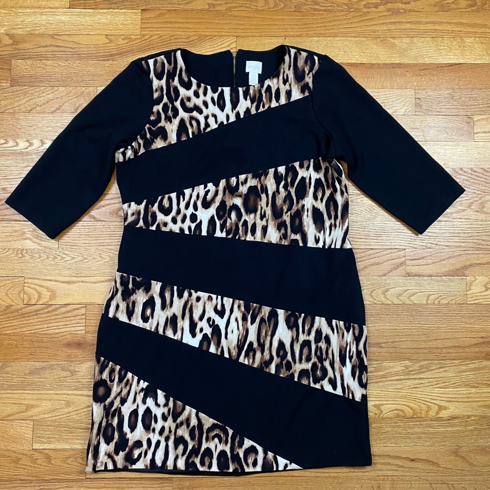 Chico's Leopard Print Sheath Dress Women Size 2.5 L/XL 14 16 Black Animal Print